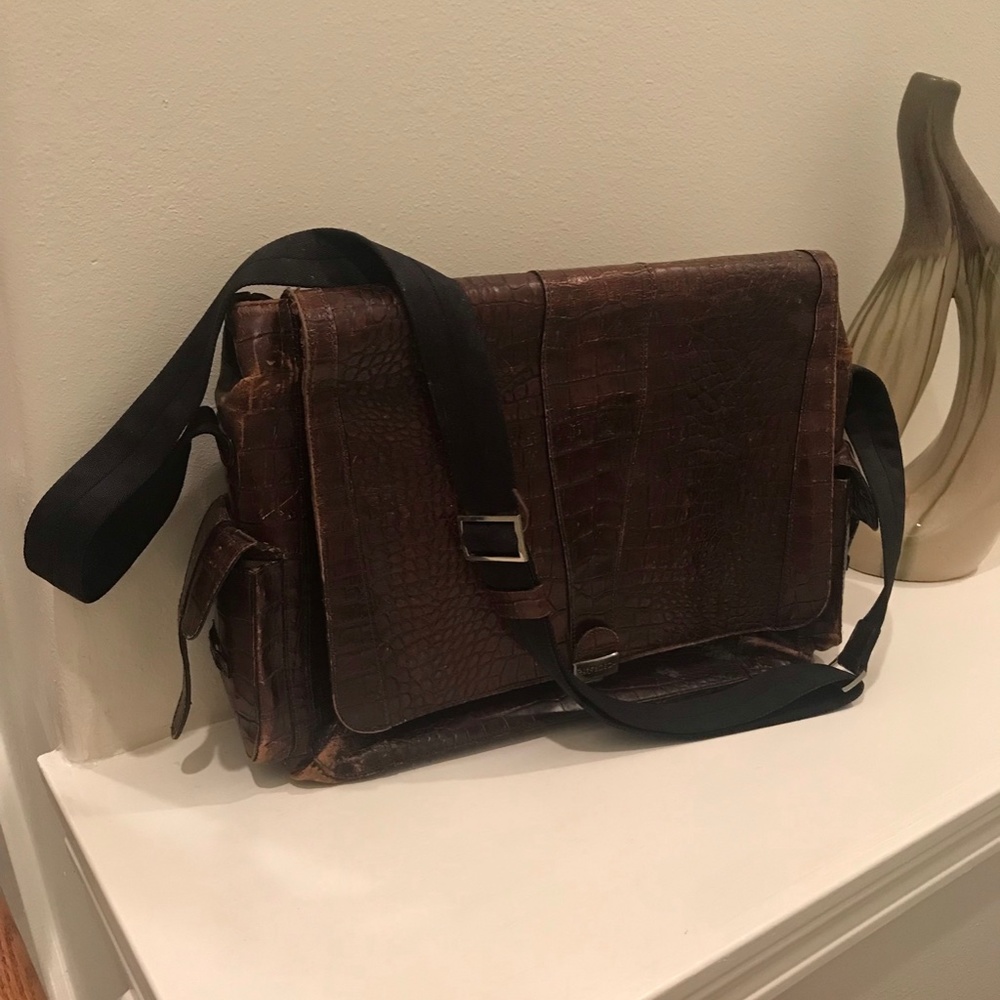 Bosca Brown Crocodile-Embossed Briefcase